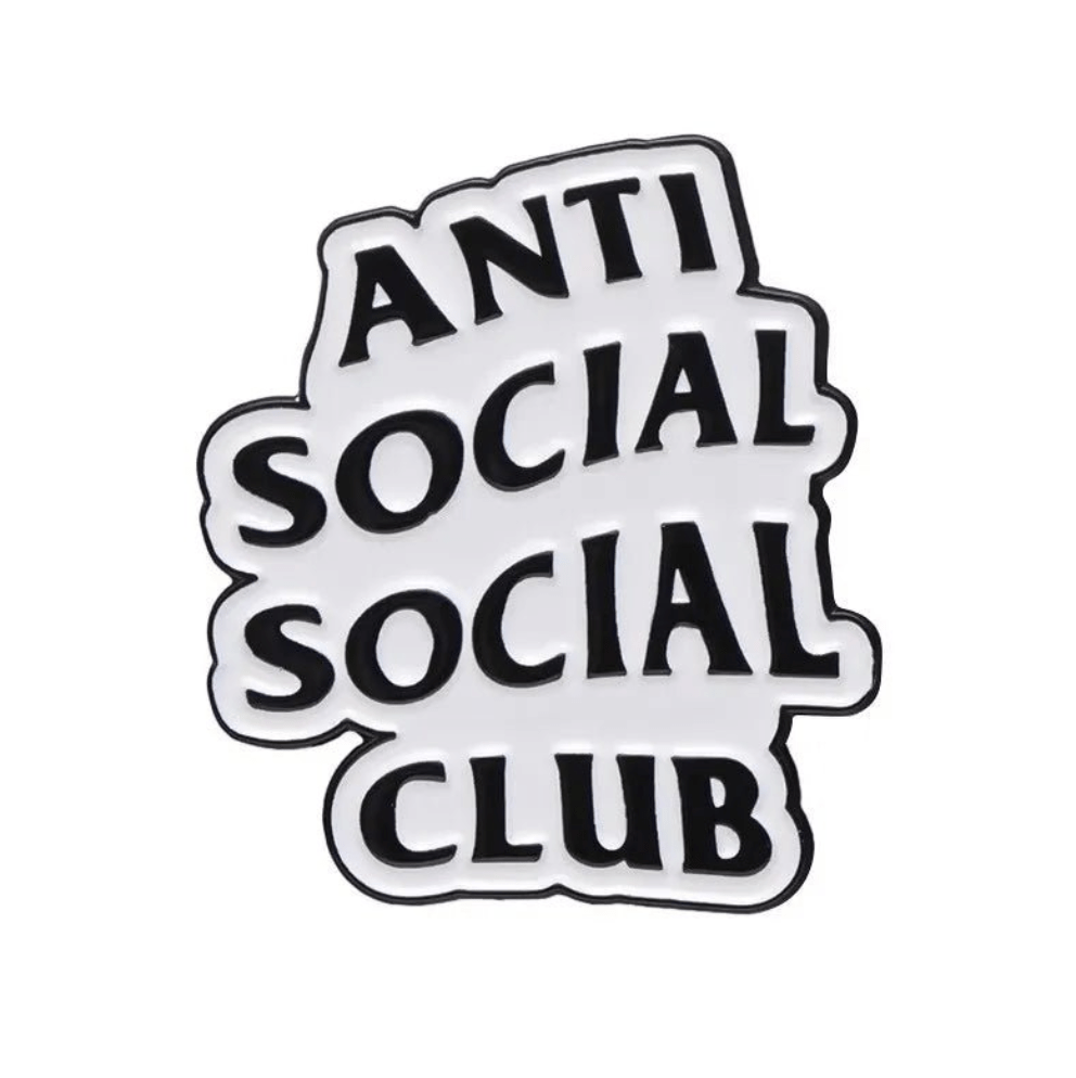 White background with bold black bubble letters spelling ANTI SOCIAL SOCIAL CLUB, stacked playfully. This enamel pin captures the iconic look—perfect for statement makers and Anti-Social Social Club fans.