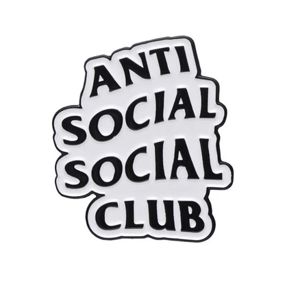 White background with bold black bubble letters spelling ANTI SOCIAL SOCIAL CLUB, stacked playfully. This enamel pin captures the iconic look—perfect for statement makers and Anti-Social Social Club fans.