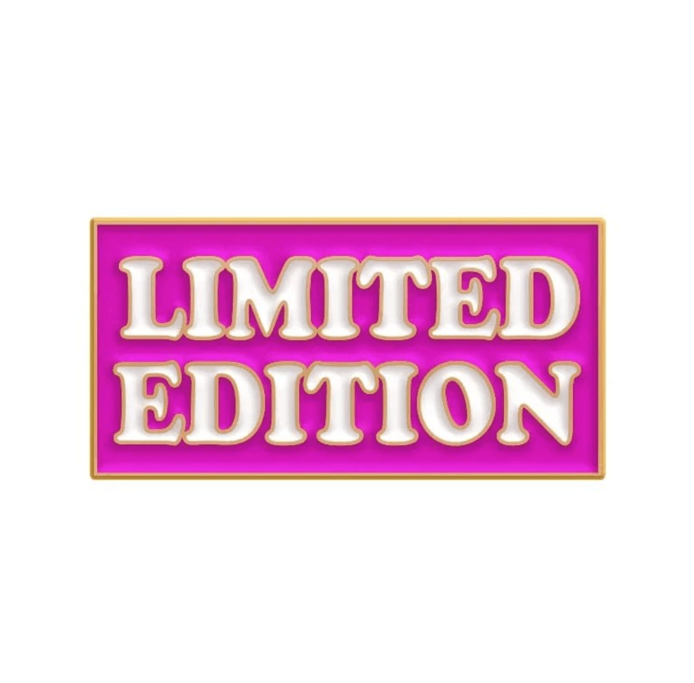 A rectangular badge features a bright pink background, gold border, and bold white LIMITED EDITION text—perfect for collectors of Cute But Psycho or red love heart enamel pins. Worldwide shipping available.