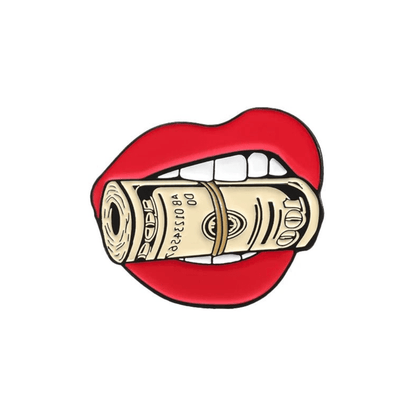 Red lips slightly open, holding a rolled-up bundle of dollar bills secured with a rubber band between the teeth, set against a white background.