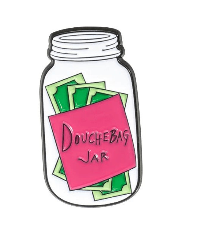 A cartoon-style illustration of a glass jar filled with green cash sits next to a Red Lips Cash Roll. The jar bears a pink label reading DOUCHEBAG JAR in handwritten letters. 
