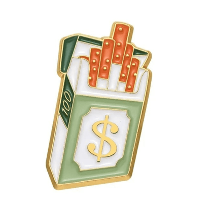 A gold-trimmed enamel accessory shaped like an open cigarette pack, inspired by the Butterfly cash Cigarette Box, with a large dollar sign, orange cigarettes protruding, and 100 on the side.