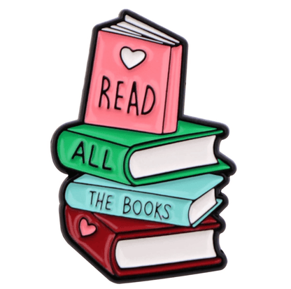 A cartoon-style book stack illustration four books—top pink says READ, middle green says ALL, blue says THE BOOKS, and bottom red has a heart. Perfect for book fair or library displays.