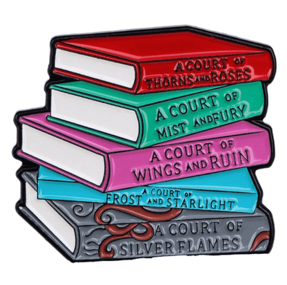 A stack of five books from the A Court of Thorns and Roses series, with red, green, purple, blue, and gray covers—perfect for romance readers or to display your book lover badge.