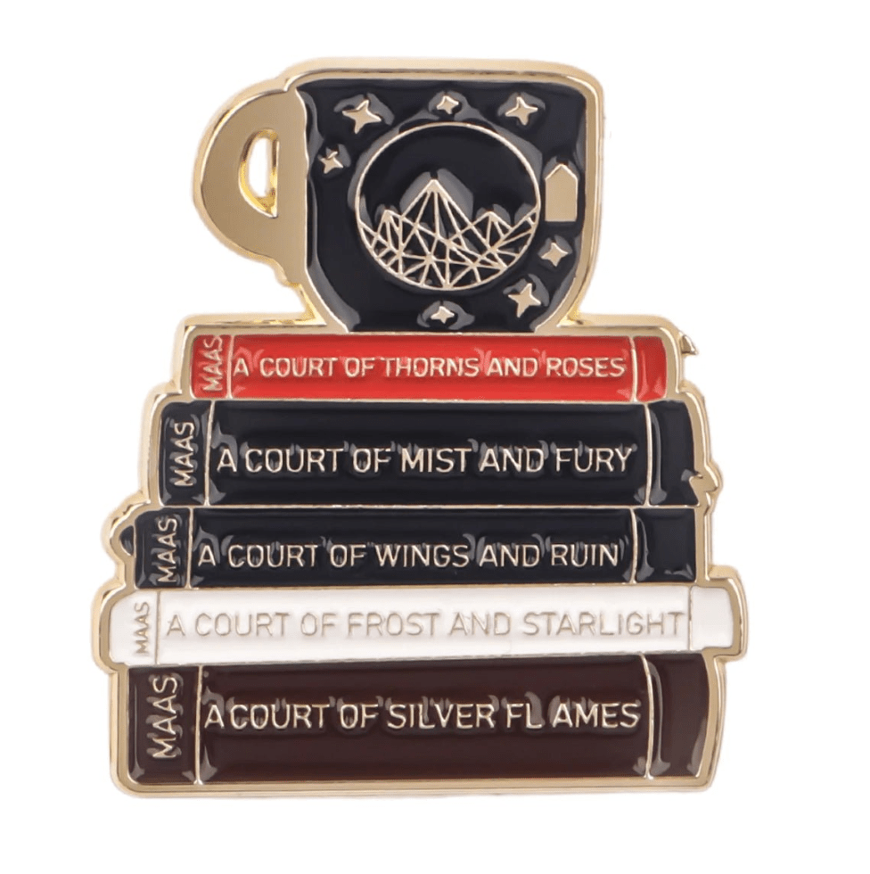 Show off your love for romance reads with an enamel pin, featuring a stack of five A Court of series books by Sarah J. Maas and a black mug with mountain and star—an ideal badge for any book lover.