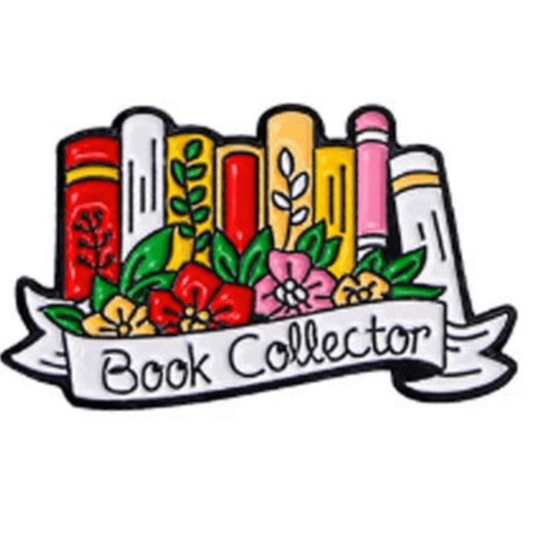 An illustration of colorful books with leaves and flowers, above a white ribbon that reads Book Collector in black lettering—perfect for enamel pins or badges for book lovers 