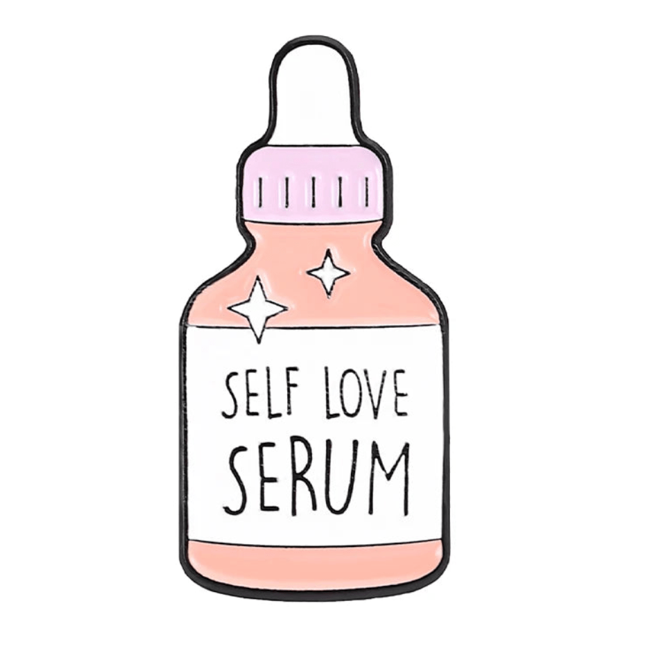 Illustration of a Self Love Serum bottle with a dropper top and sparkling stars, inspired by enamel pin designs—perfect for fans of feminist pins.