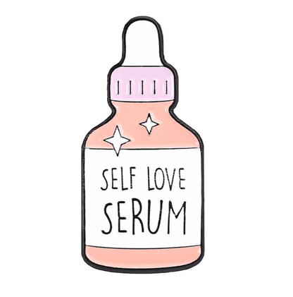 Illustration of a Self Love Serum bottle with a dropper top and sparkling stars, inspired by enamel pin designs—perfect for fans of feminist pins.