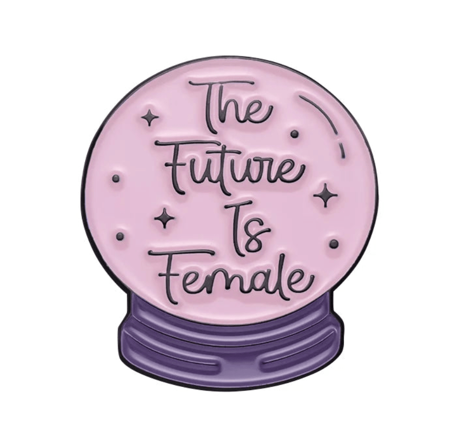 Pnk crystal ball enamel pin to your collection—a purple-based design with The Future Is Female in script, surrounded by stars and dots. Perfect for any feminist pin enthusiast!.