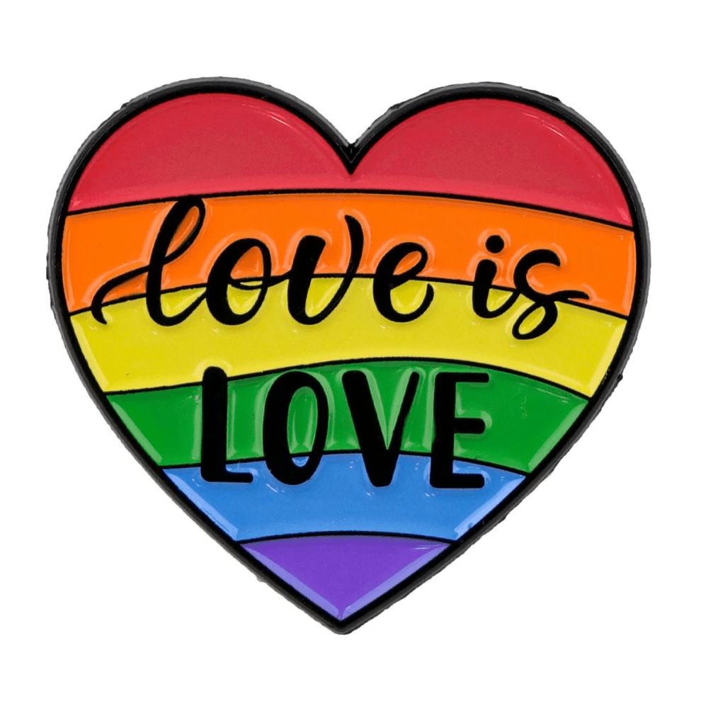 Show your pride with this rainbow flag enamel pin—a pink love heart with horizontal rainbow stripes and Love Is Love boldly printed. Its a vibrant accessory that celebrates inclusivity.