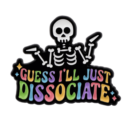 A cartoon skeleton shrugging over colorful GUESS ILL JUST DISSOCIATE text with star accents—this Kiss Me Later pin is a fun pick for emo or quirky skeleton pin fans.