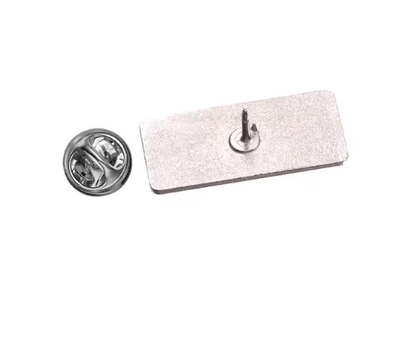 A rectangular enamel pin by Kiss Me Later with a single post and a separate round butterfly clutch back, both displayed on a white background.