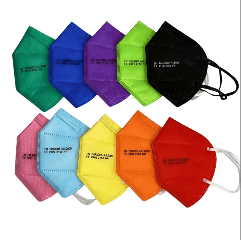 Ten colorful Kiss Me Later KN95 face masks in green, blue, purple, lime green, black, teal, pink, light blue, orange, and red with white or black ear loops—perfect for buying in bulk.