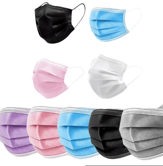 Kiss Me Later triple-layer disposable medical face masks in black, blue, pink, white, purple, and gray are displayed individually and in a row on a white background. Perfect for bulk purchases.