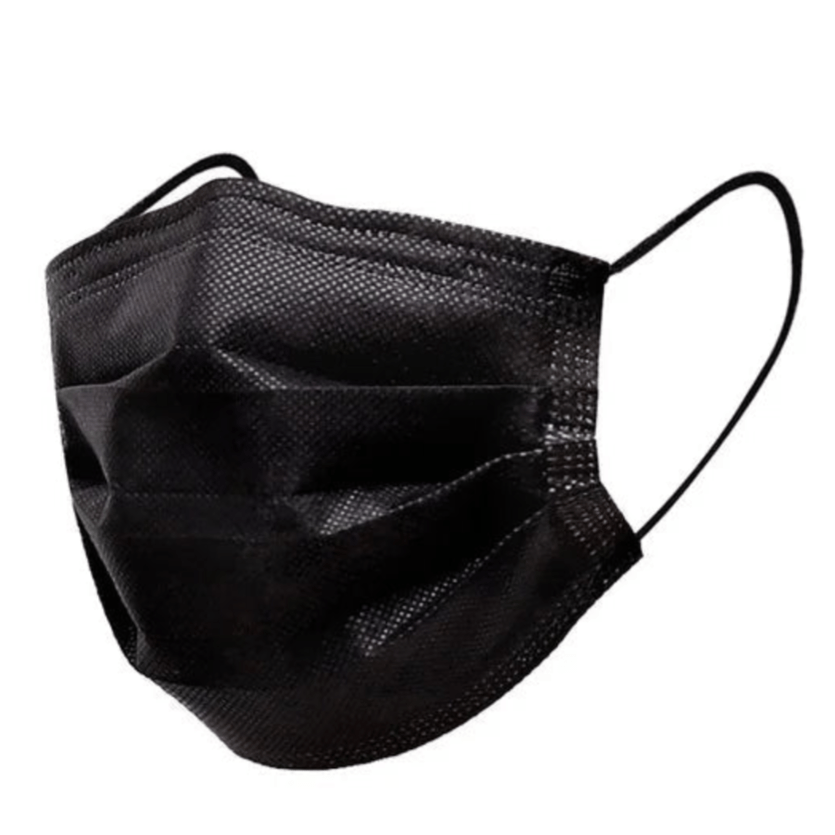 A Kiss Me Later black triple layer face mask with ear loops is displayed on a white background. A blue oval in the corner reads 50 PCS in white, emphasizing this convenient bulk pack of face masks.