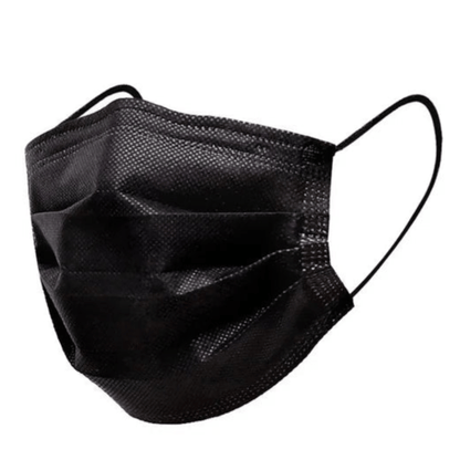 A Kiss Me Later black triple layer face mask with ear loops is displayed on a white background. A blue oval in the corner reads 50 PCS in white, emphasizing this convenient bulk pack of face masks.