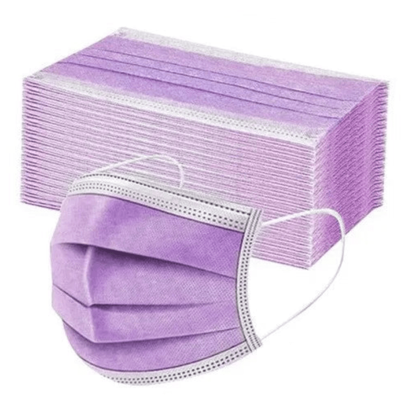 A stack of fifty Kiss Me Later purple triple-layer face masks with one mask displayed in front. The text 50PCS appears in blue in the bottom right corner.