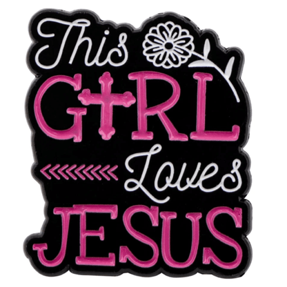 The Kiss Me Later pin features This Girl Loves Jesus in white and pink on black, with a flower, cross, and stylish accents—a perfect piece of Christian faith jewelry or a meaningful Jesus enamel pin.