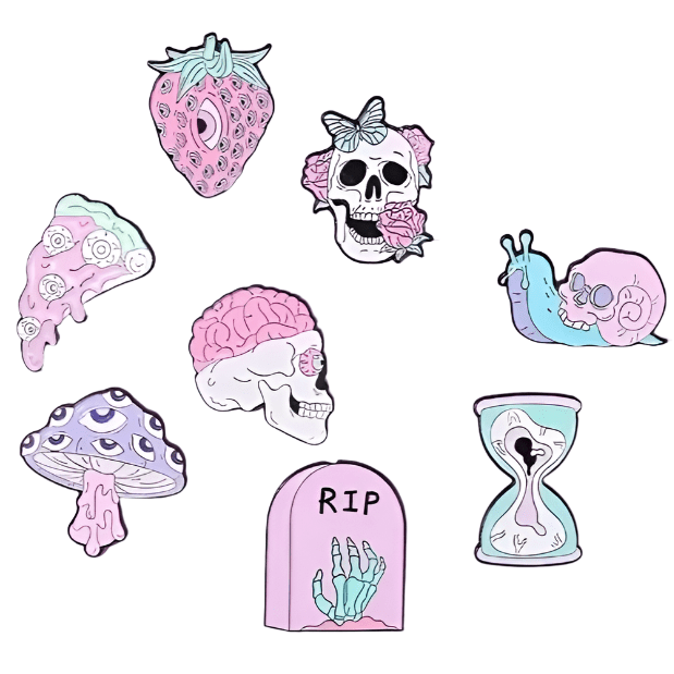 pastel badges featuring a strawberry, human skulls, a skull-shelled snail, pizza slice, brain, hourglass, and quirky skull enamel pin next to an RIP gravestone.