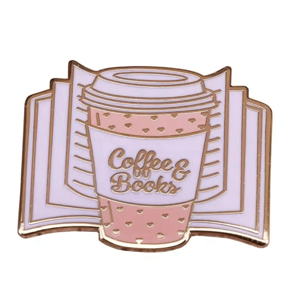 Rose gold piink and gold enamel library pin features a to-go coffee cup with Coffee & Books in front of an open book—an ideal gift for book lovers and enamel pin collectors.