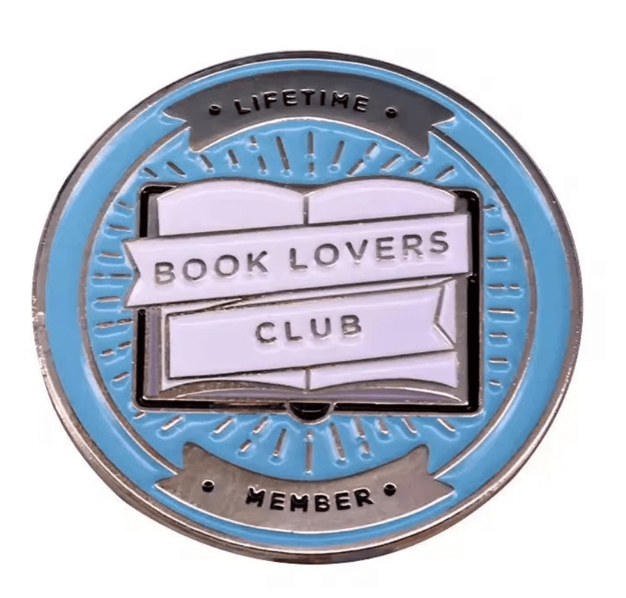 A round blue and silver library pin reads Book Lovers Club across an open book, with Lifetime Member above and below—an ideal gift for any book lovers collection.