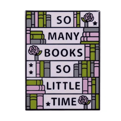 Library pin features So many books, so little time with green and pink book stacks, rose and star accents—ideal for enamel pin collectors or as a thoughtful gift for book lovers.