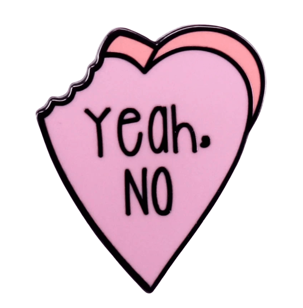 Show off your feminist spirit with My Cutesy Era’s pink love heart enamel pin—bitten on the left, outlined in black, and featuring bold “Yeah. NO” text.