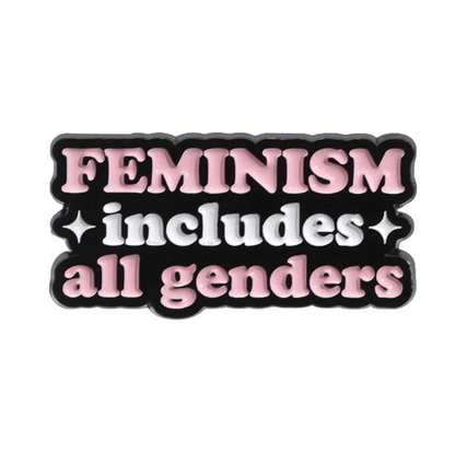 The My Cutesy Era pink measuring pin features FEMINISM includes all genders in pink and white on black with two sparkles—a stylish, inspirational quote pin celebrating inclusivity.