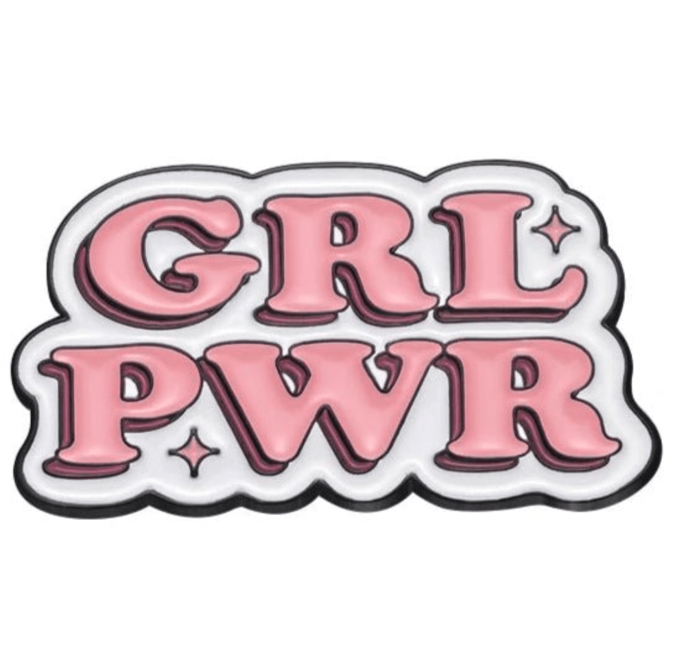 Showcase empowerment and self-love with this pink and white GRL PWR sticker from My Cutesy Era, featuring bold letters and sparkling stars—perfect to pair with your favorite body positive pin.