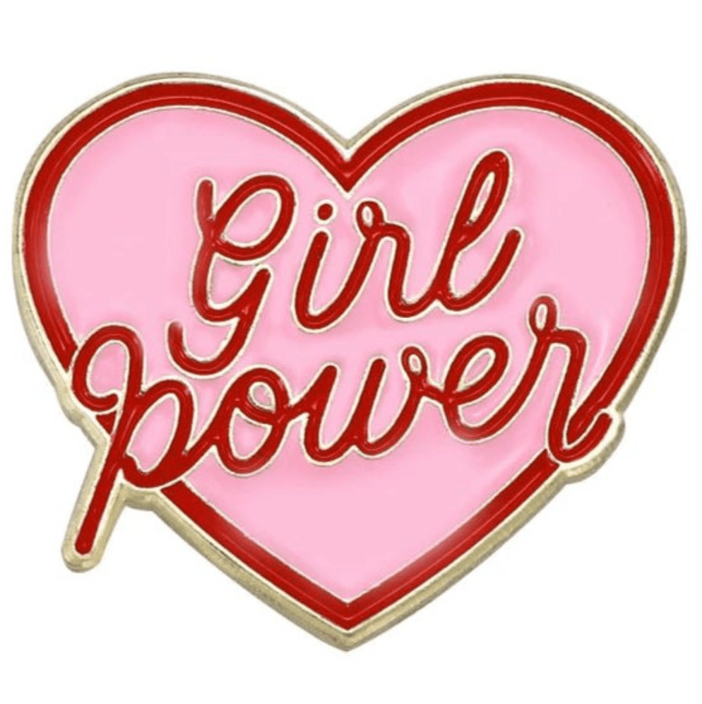 My Cutesy Era’s heart-shaped enamel pin features “Girl power” in red cursive on a pink background with a red border—a body positive accessory that celebrates self-love and confidence.