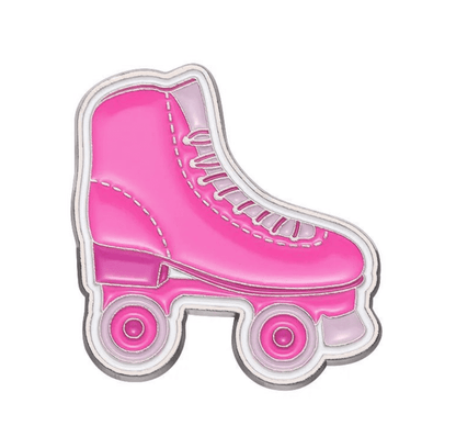 A pink rollerskate pin with white stitching and four wheels, illustrated in a cartoon style by My Cutesy Era—perfect for fans of Mean Girls pins and cute enamel accessories.