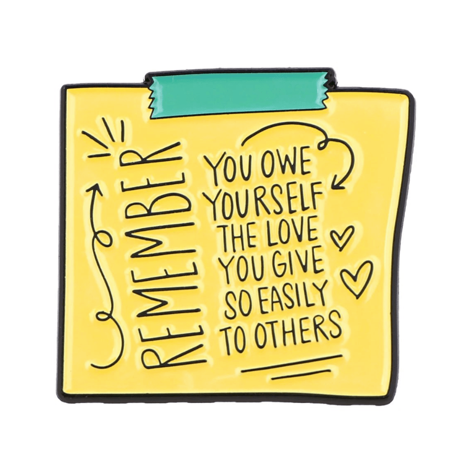 A yellow sticky note from My Cutesy Era with teal tape at the top features a motivational reminder—REMEMBER: You owe yourself the love you give so easily to others—with decorative arrows and hearts, perfect for a mental health boost.