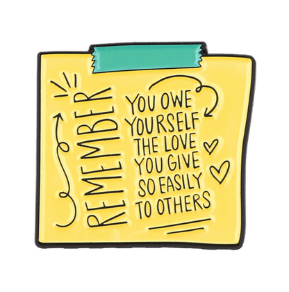 A yellow sticky note from My Cutesy Era with teal tape at the top features a motivational reminder—REMEMBER: You owe yourself the love you give so easily to others—with decorative arrows and hearts, perfect for a mental health boost.