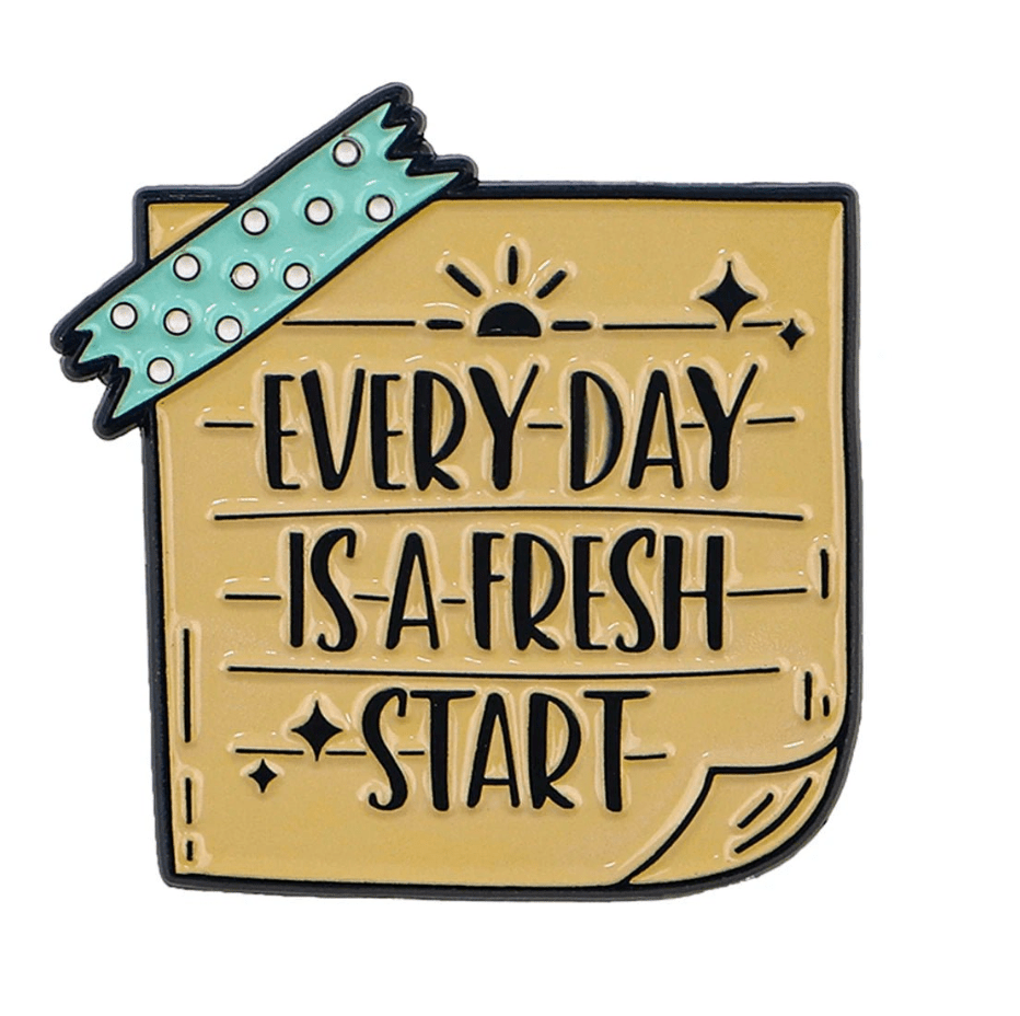 A yellow My Cutesy Era note with green polka-dotted tape at the top left reads EVERY DAY IS A FRESH START in bold black, decorated with a sun, sparkles, and lines—a perfect motivational boost for mental health.