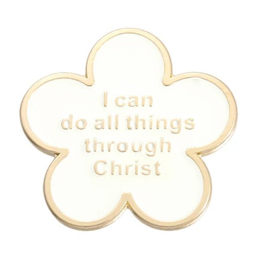 A white and gold flower-shaped enamel pin featuring I can do all things through Christ in elegant gold—a beautiful Christian accessory to inspire your faith daily.