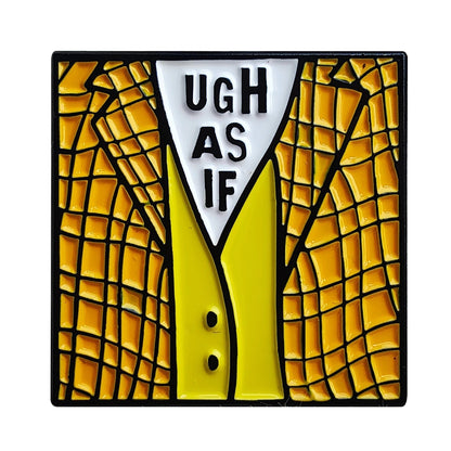 A yellow plaid jacket inspired by Clueless is paired with a white shirt underneath featuring “UGH AS IF” in bold black letters.