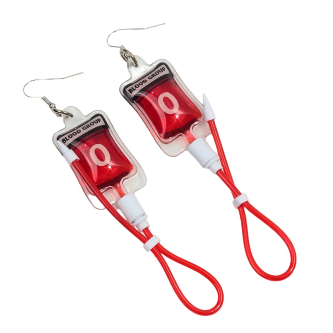 Kiss Me Laters gothic blood bag earrings are shaped like BLOOD GROUP O bags, filled with red liquid and red tubing loops—a unique nurse accessory or edgy statement piece.