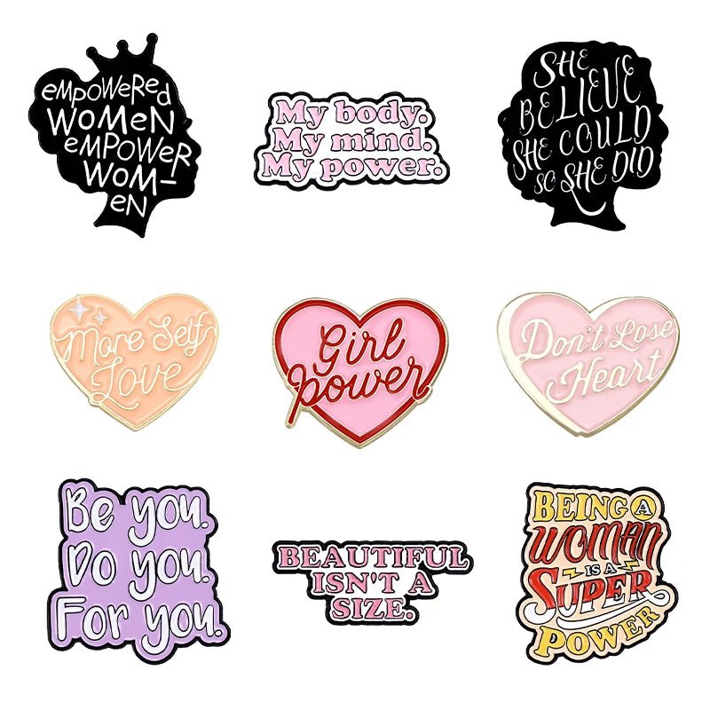  set of nine colorful enamel pins features empowering phrases like Empowered Women Empower Women and Girl Power—each unique pin celebrates self-love with vibrant shapes such as hearts and more.