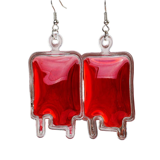 Red blood bag plastic dangly earrings