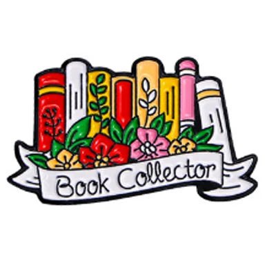 A vibrant illustration of books behind flowers with a white Book Collector banner—ideal for Romance Readers or as inspiration for book lover badges and enamel pins.