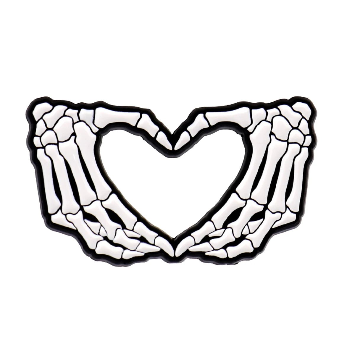 Two skeletal hands with fingers and thumbs forming a heart, outlined in black on white—a unique enamel pin design by Kiss Me Later, perfect for fans of spooky vibes or distinctive skeleton hand accessories.