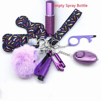 The Kiss Me Later purple keychain set includes a pom-pom, safety alarms, no-touch tool, chapstick holder, dog-shaped keychain, empty spray bottle, and more—stylish personal safety for your outdoor adventures.