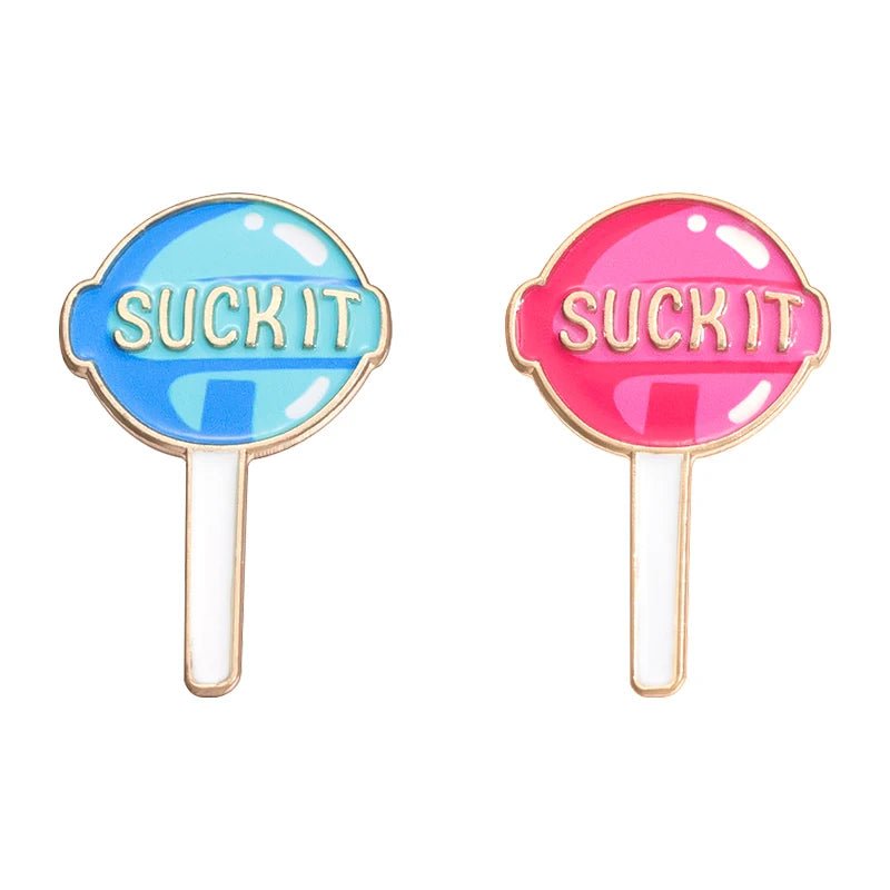 Add a playful touch to your style with a lollipop enamel pin set! Each Suck It pin features pink or blue enamel, gold lettering, and a classic white stick—perfect for making a bold statement.