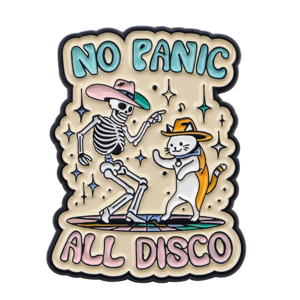A cartoon skeleton with thick thighs and a cat in hats dance on a colorful disco floor with stars. NO PANIC is above, ALL DISCO below. Light beige background for spooky vibes. From Kiss Me Later.