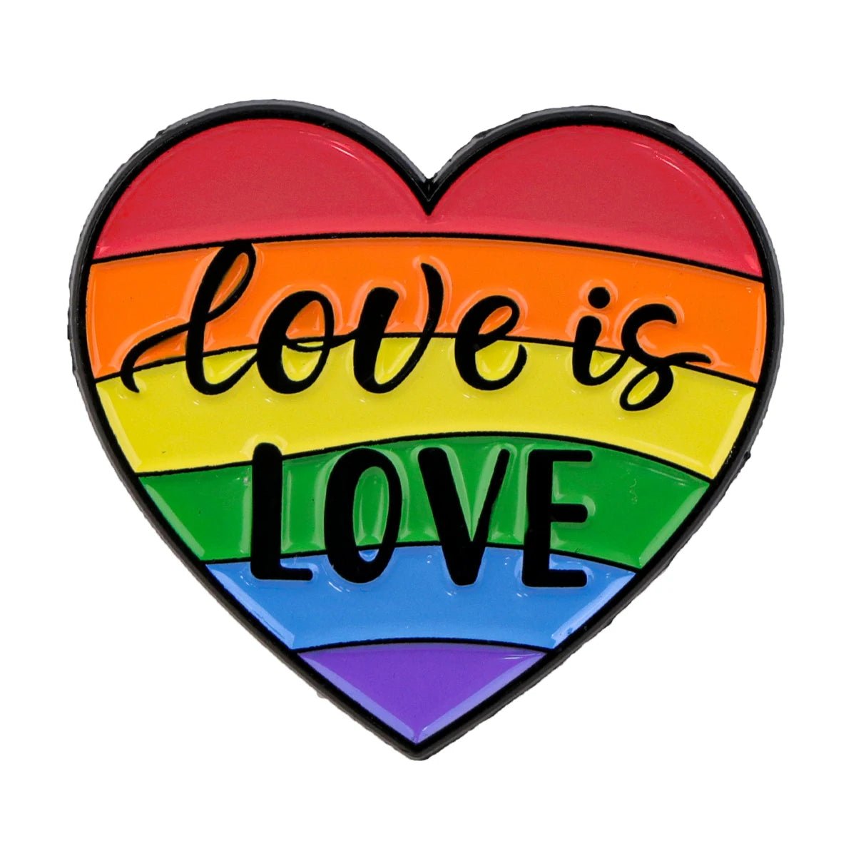 Show your pride with a heart-shaped rainbow enamel pin featuring Love Is Love—a vibrant LGBTQ+ accessory that adds a pop of color to any outfit or makes a cute pink love heart cake pin.