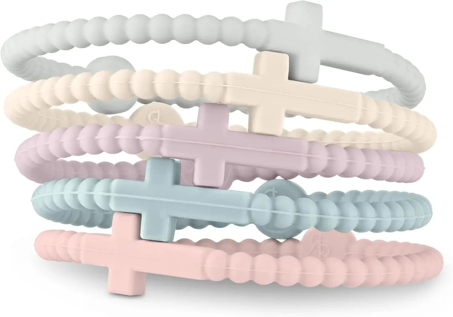 Kiss Me Later’s Stacked Cutie Bracelets feature beaded silicone in pastel white, cream, lavender, blue, and pink with a cross charm—blending a soft matte finish with stylish faith-inspired design.