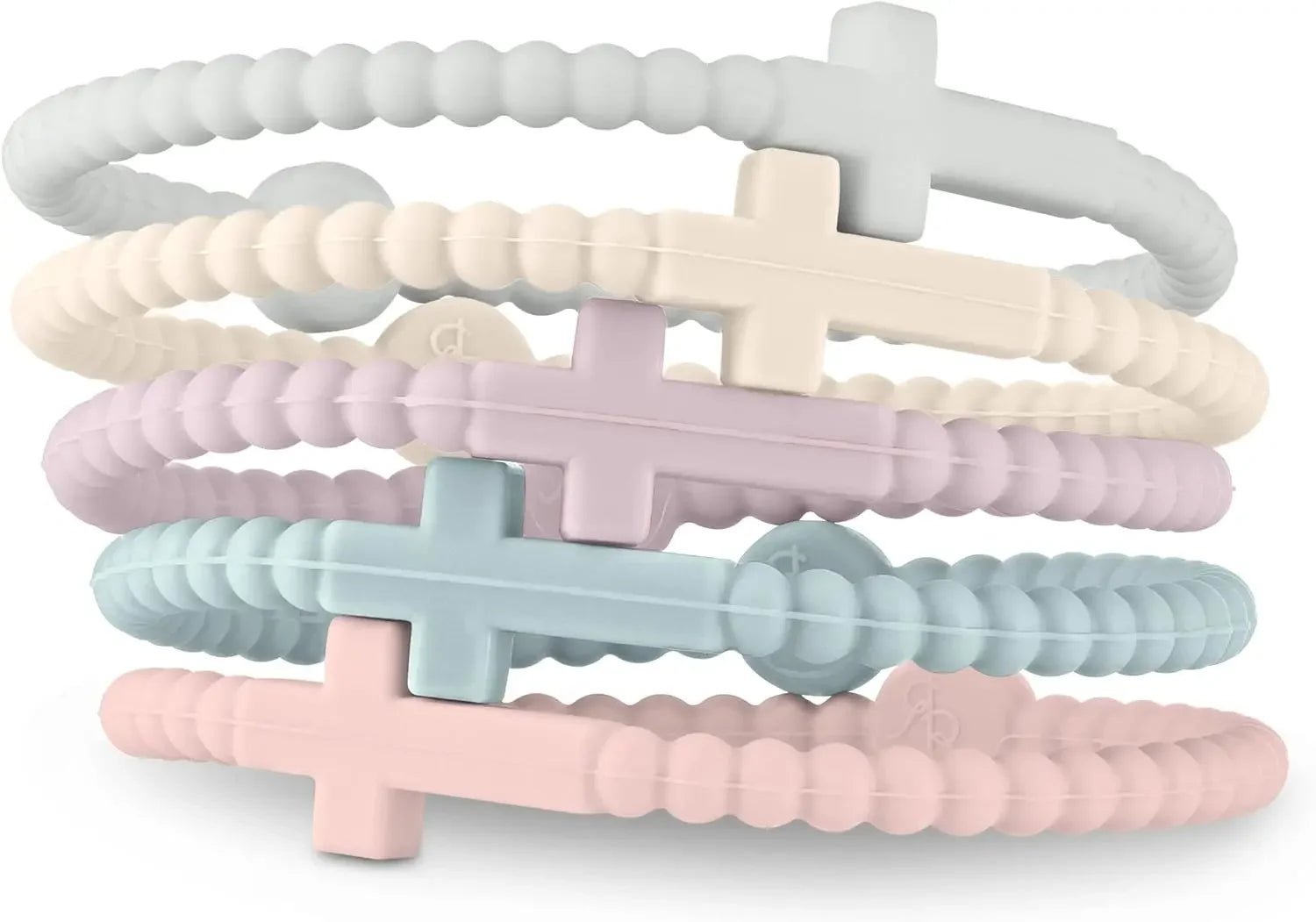 Kiss Me Later’s Stacked Cutie Bracelets feature beaded silicone in pastel white, cream, lavender, blue, and pink with a cross charm—blending a soft matte finish with stylish faith-inspired design.