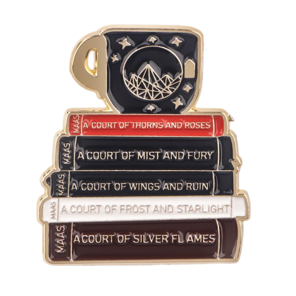 pin displays a stack of five A Court of Thorns and Roses books by Maas, topped with a black mug featuring a mountain and stars—the ideal accessory for booktroverts who love fictional worlds.