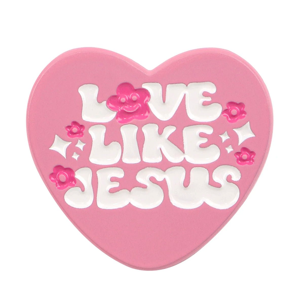 The Kiss Me Later pink love heart pin features white bubbly LOVE LIKE JESUS lettering, accented with small pink flowers and white sparkles.