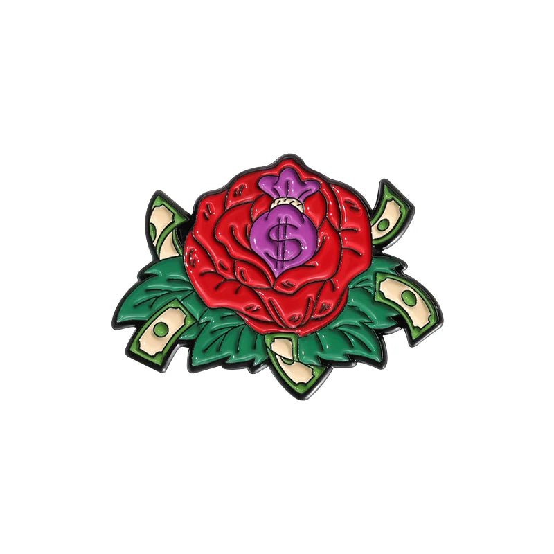 Enamel pin features a vibrant red rose with green leaves, a purple money bag with a dollar sign at the center, and dollar bills among the petals for a bold Red Rose Cash look.